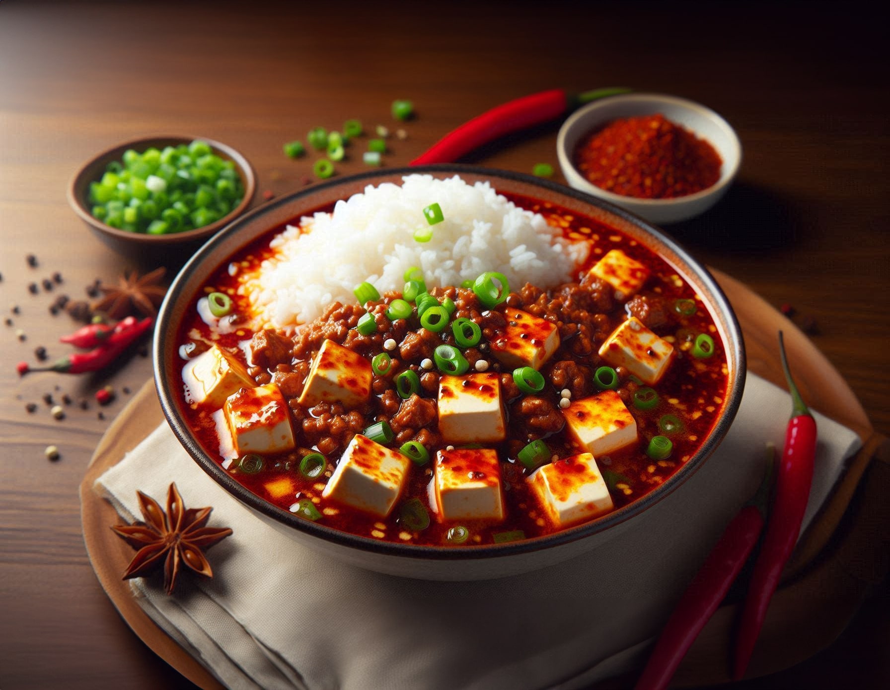 A bowl of Chinese food featuring tofu and rice, elegantly presented on a rustic wooden table.